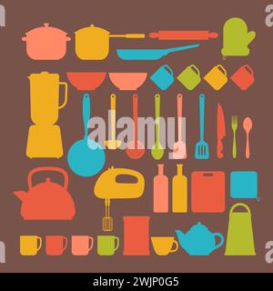 Kitchen appliances. Cooking tools and kitchenware equipment silhouettes. Big set. Vector illustration Stock Vector