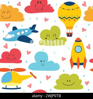 Cute seamless pattern with plane, helicopter, hot air balloon, spaceship and clouds. Vector illustration Stock Vector