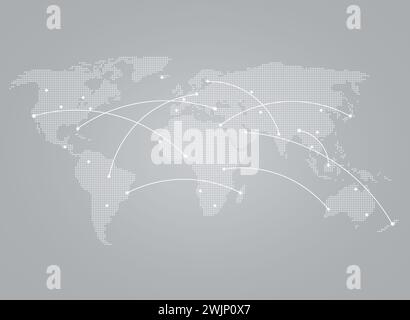 White world map made of small triangles on gray background with curving lines or flight paths connecting white dots as cities. Stock Photo