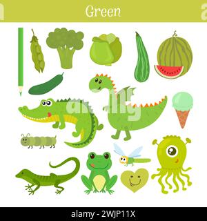 Green. Learn the color. Education set. Illustration of primary colors. Vector illustration Stock Vector