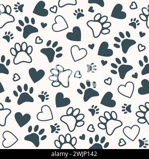 Seamless pattern with paw and heart prints. Animal footprint background. Vector illustration Stock Vector