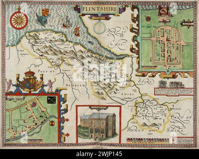 Vintage Welsh Maps, Flintshire.  1607.  From John Speed's County maps of Wales for first published in The Theatre of the Empire of Great Britain by George Humble Stock Photo