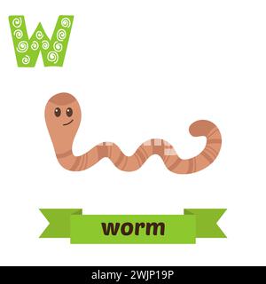Worm. W letter. Cute children animal alphabet in vector. Funny cartoon animals. Vector illustration Stock Vector