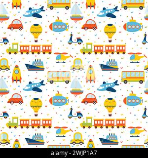 Seamless pattern with colorful cartoon transport. Cute background with hearts. Vector illustration Stock Vector