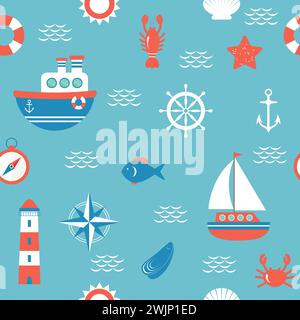 Seamless pattern with nautical design elements. Marine concept background. Vector illustration Stock Vector