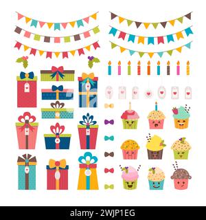 Set of birthday party or Christmas design elements. Colorful flags, cupcakes, gifts, candles, bows and labels. Vector illustration Stock Vector
