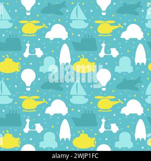 Seamless pattern with silhouette of transport. Cute background. Vector illustration Stock Vector