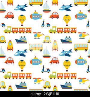 Seamless pattern with colorful transport. Cute children background. Vector illustration Stock Vector