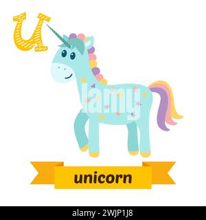 Unicorn. U letter. Cute children animal alphabet in vector. Funny cartoon animals. Vector illustration Stock Vector