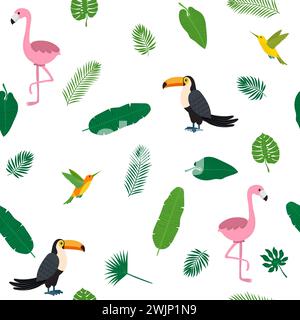 Tropical seamless pattern with pink flamingos, toucans, hummingbirds and green palm leaves. Vector illustration Stock Vector