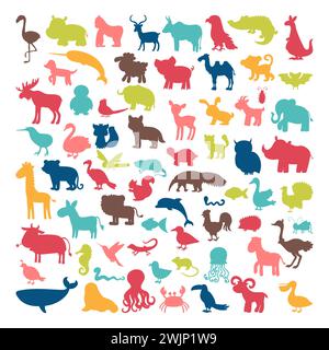 Big set of animals silhouettes in cartoon style. Wild life. Vector illustration Stock Vector
