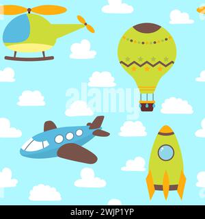 Cute children seamless pattern with plane, helicopter, hot air balloon, spaceship and clouds. Funny background. Vector illustration Stock Vector