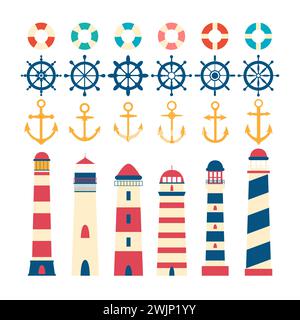 Nautical set. Steering wheel, lighthouse, anchor and lifebuoy. Nautical elements in flat style. Vector illustration Stock Vector