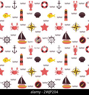 Marine cartoon seamless pattern. Sea theme. Nautical background. Vector illustration Stock Vector