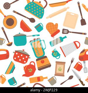 Seamless pattern of kitchen utensils. Home appliances for cooking. Vector illustration Stock Vector