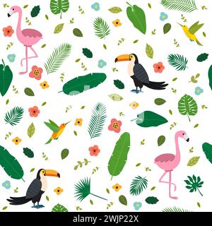 Tropical seamless pattern with pink flamingos, toucans, hummingbirds, flowers and green palm leaves. Vector illustration Stock Vector