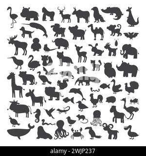Big set of black animals silhouettes in cartoon style. Wild life. Vector illustration Stock Vector