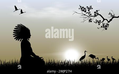 An Indian sits on the grass against the background of the sky and the sun. Birds are visible in the distance. Tree branch. Stock Vector