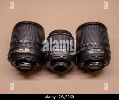 Gothenburg, Sweden - February 07 2024: Three Nikon lenses on a table Stock Photo