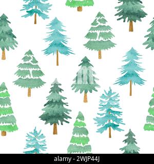 Seamless Christmas tree pattern with watercolor pine trees. Winter forest vector illustration Stock Vector