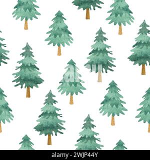 Seamless Christmas tree pattern with watercolor pine trees. Winter forest vector illustration Stock Vector