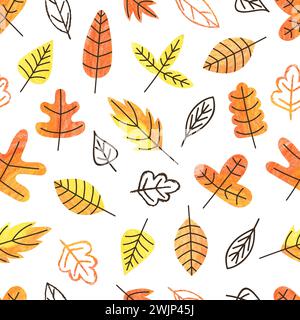 Autumn leaves pattern. Vector hand drawn seamless fall background with abstract cartoon leaves Stock Vector