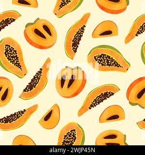 Persimmon and papaya fruit pattern. Vector seamless tropical orange fruits illustration Stock Vector