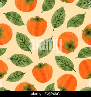 Seamless Persimmon fruit pattern. Vector watercolor illustration with orange fruits and green leaves Stock Vector