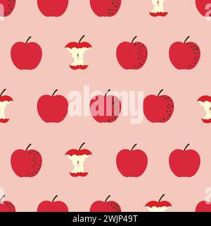 Seamless red apple and apple core pattern. Vector fruit background Stock Vector