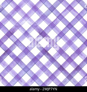 Watercolor stripe plaid gingham seamless pattern. Color lavender purple stripes background. Watercolour hand drawn striped texture. Print for cloth de Stock Photo