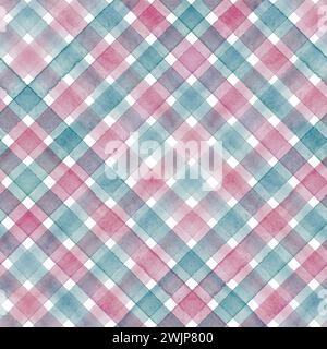 Watercolor gingham stripe plaid seamless pattern. Color red and teal blue stripes background. Watercolour hand drawn striped texture. Print for cloth Stock Photo