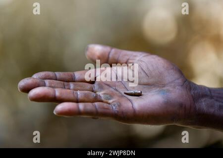 Bandarban, Bangladesh. 12th Feb, 2024. Shamsul Alam 55 years old displays a bullet on his pam which was used to injure him. Conflict with the Arakan Army, an armed rebel group inside Myanmar, continues unabated. Sustained firing, the sound of mortar shells bursting could be heard across the Bangladesh-Myanmar border area. Bullets and mortar shells fired from Myanmar are coming across the border in the towns of Bangladesh. (Credit Image: © Piyas Biswas/SOPA Images via ZUMA Press Wire) EDITORIAL USAGE ONLY! Not for Commercial USAGE! Stock Photo