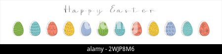 Set of Colored Easter eggs with patterns. With the inscription Happy Easter. Continuous one line drawing. Line art. Isolated on white background. Desi Stock Vector