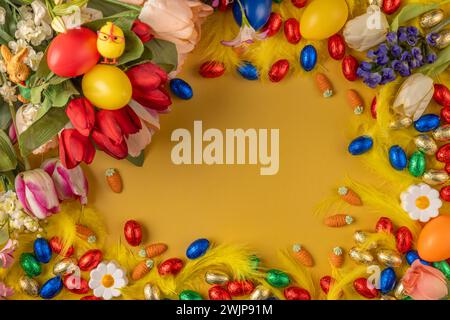 Colourful Easter frame with spring flowers, feathers, chocolate eggs and Easter eggs on a yellow background Stock Photo