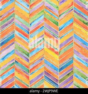 Abstract watercolor holiday chevron background. Hand drawn multicolor brushstrokes and golden lines seamless pattern. Watercolour geometric texture. P Stock Photo