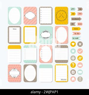 Template for notebooks. Cute design elements. Notes, labels, stickers. Collection of various note papers. Flat style. Vector illustration Stock Vector