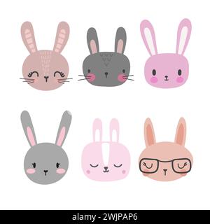 Set of cute rabbits. Funny doodle animals. Little bunny in cartoon style. Vector illustration Stock Vector