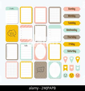 Template for notebooks. Cute design elements. Collection of various note papers. Flat style. Notes, labels, stickers. Vector illustration Stock Vector