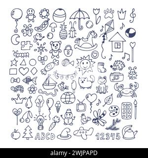 Collection of hand drawn cute doodles. Doodle children drawing. Sketch set of drawings in child style. Vector illustration Stock Vector