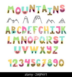 Mountains font. Hand drawn English alphabet. Cute letters and numbers with decoration elements. Vector illustration Stock Vector