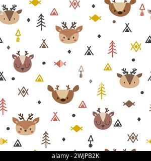 Tribal seamless pattern with cartoon deers. Abstract geometric art print. Hand drawn ethnic background with cute animals. Vector illustration Stock Vector