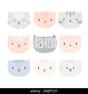 Set of cute cartoon cats. Funny doodle animals. Different kittens in flat style. Vector illustration Stock Vector