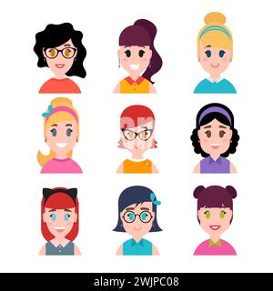 Stylized beautiful young girls and women. Cute female characters. Avatars in cartoon flat style. Vector illustration Stock Vector