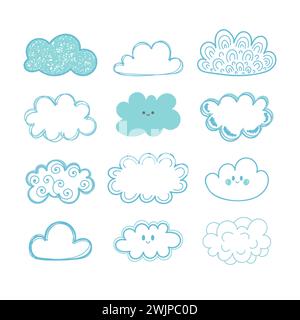 Sketch sky. Doodle collection of hand drawn clouds. Vector illustration Stock Vector