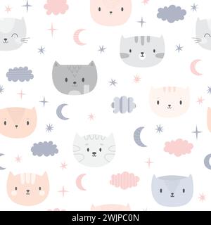 Cute seamless pattern for kids with cartoon little cats. Children background. Lovely animals. Vector illustration Stock Vector