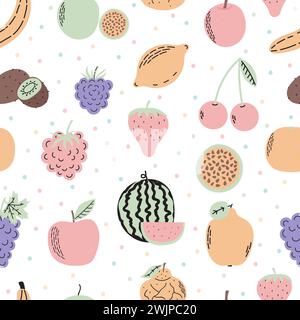 Cute seamless pattern with exotic fruits. Cartoon tropical fruits and berries. Colorful healthy food background. Organic food. Vector illustration Stock Vector