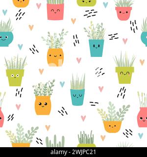 Cute seamless pattern with house plants in pots. Floral background for your design. Vector illustration Stock Vector