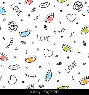 Doodle seamless pattern with eyes, hearts, lips and other geometric elements. Memphis style. Modern hand drawn background. Vector illustration Stock Vector