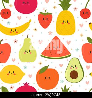 Cute seamless pattern with cartoon fruits. Creative healthy background. Kawaii. Modern stylish texture. Great for fabric, textile, wrapping. Vector il Stock Vector