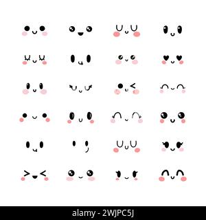 Emotional cute faces in kawaii style. Happy feelings. Emoji icons. Set of funny and lovely kawaii emoticon faces. Smile. Vector illustration Stock Vector